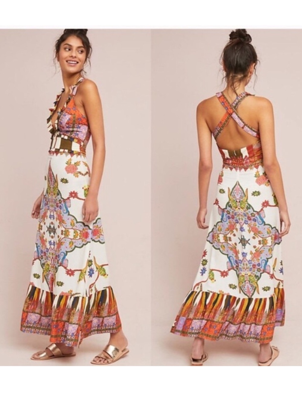 Anthropologie CleoBella Les Arcades Boho Eastern Style Maxi Dress Size S V-neck